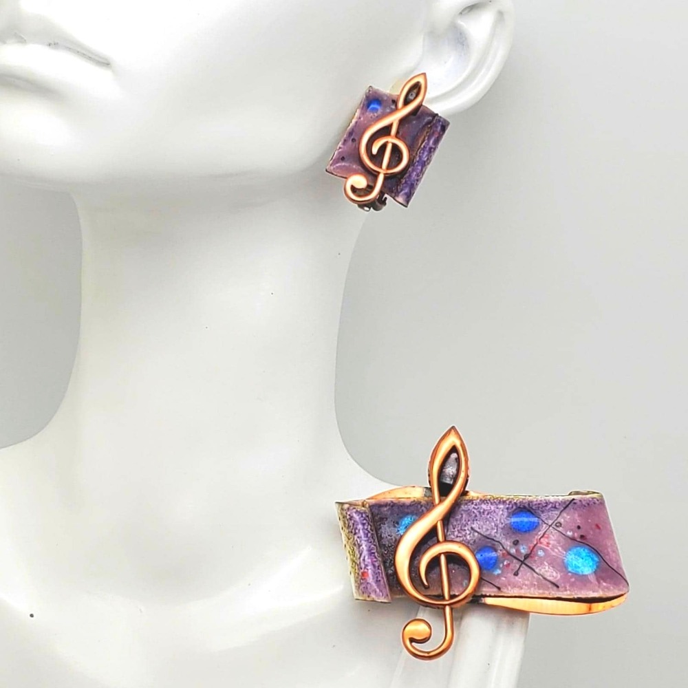Musical Note Copper Brooch Clip Earrings Matisse Renoir Etude Purple Enamel Pin